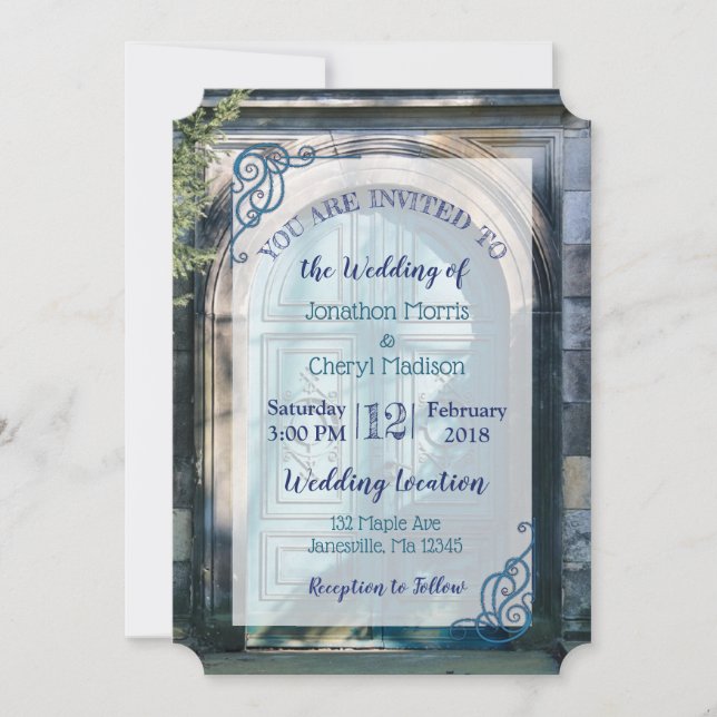 Invitaciones a la boda romántica de puertas azules (Anverso)