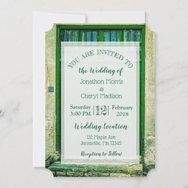 Invitaciones a la boda romántica de puertas verdes (Anverso)