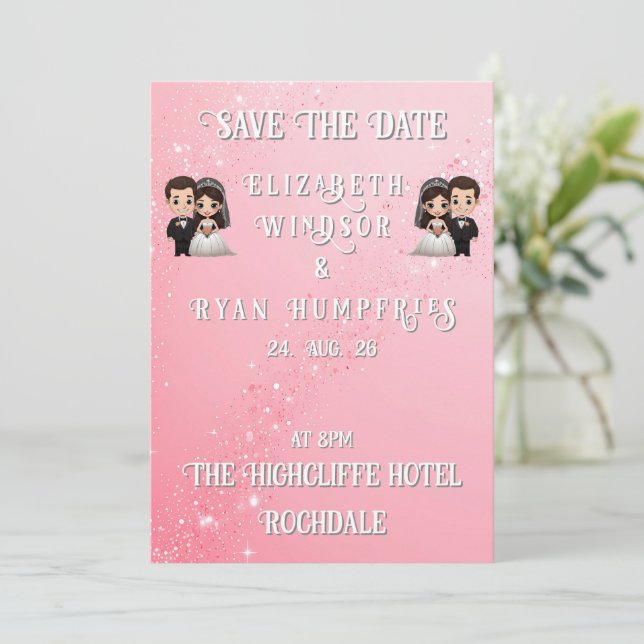 Invitaciones a la boda rosa con paracaídas de diam (Anverso de pie)
