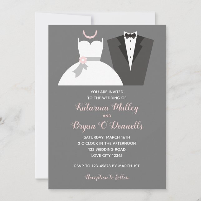 Invitaciones a la boda rosada en negro y Rubor (Anverso)