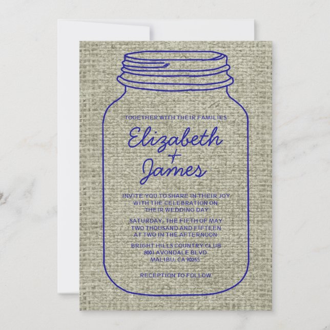 Invitaciones a la boda Royal Blue Burlap Mason Jar (Anverso)
