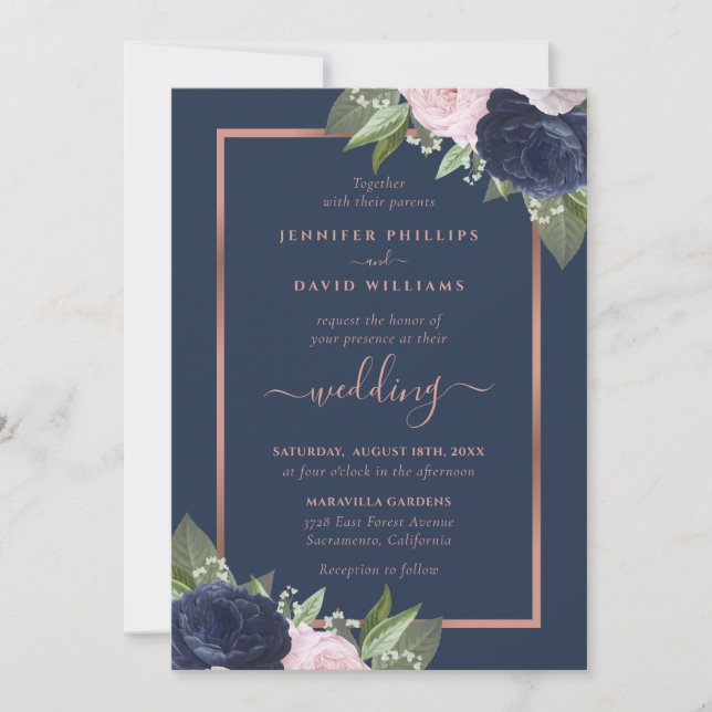 Invitaciones a la boda Rubor de Navy Blue Rosa Gol (Anverso)