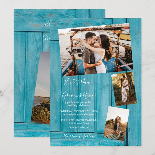 Invitaciones a la boda Rustic Blue Wood 4 fotos (Anverso / Reverso)