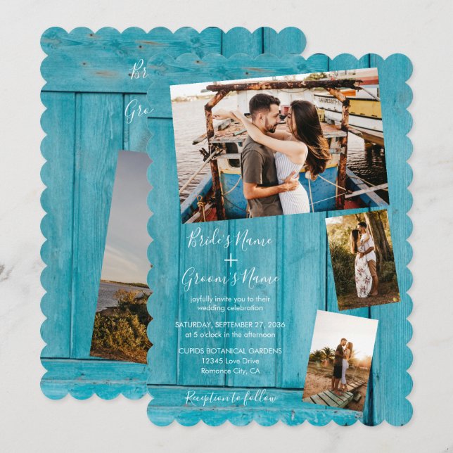 Invitaciones a la boda Rustic Blue Wood 4 fotos (Anverso / Reverso)