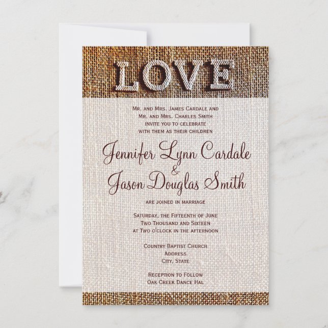 Invitaciones a la boda Rustic Country Burlap LOVE (Anverso)