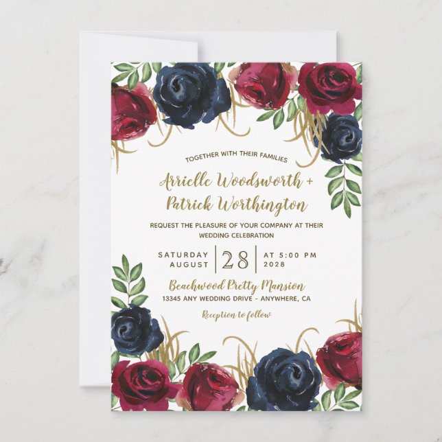 Invitaciones a la boda rústica azul de la Marina y (Anverso)