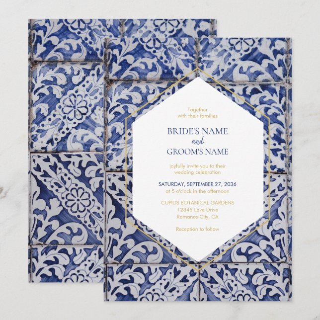 Invitaciones a la boda rustica de azulejos portugu (Anverso / Reverso)
