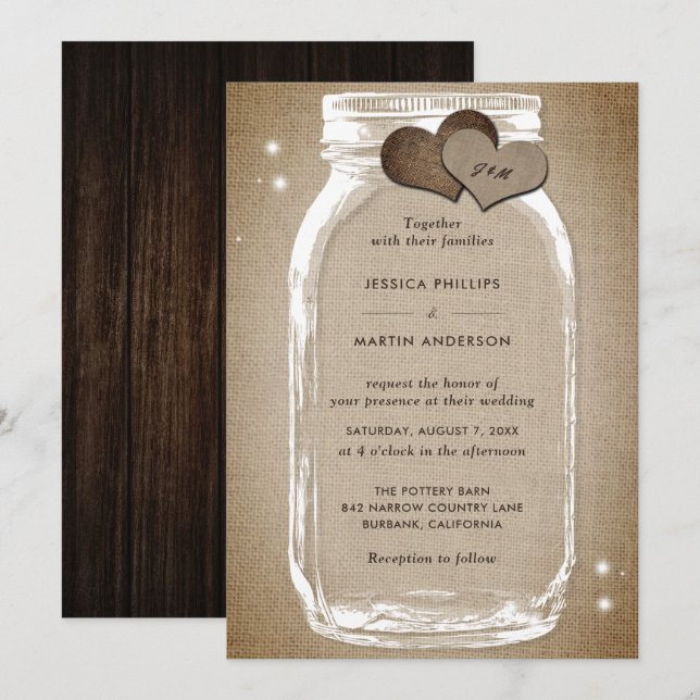 Invitaciones a la boda rustica de Burlap Mason Jar (Anverso / Reverso)