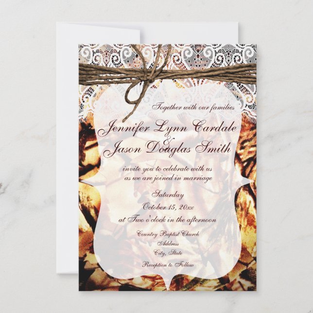 Invitaciones a la boda rústica de camuflaje (Anverso)