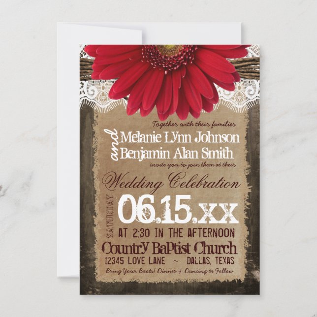 Invitaciones a la boda rústica de la Daisy Roja de (Anverso)