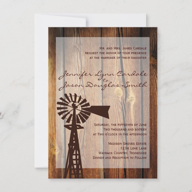 Invitaciones a la boda rústica de la madera de mol (Anverso)