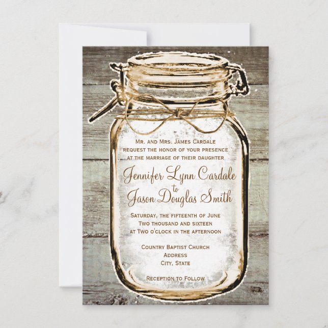 Invitaciones a la boda rústica de Mason Jar Barn W (Anverso)