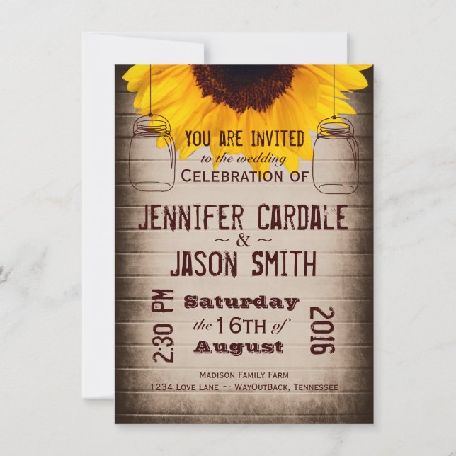 Invitaciones a la boda rustica de Sunflower Mason  (Anverso)