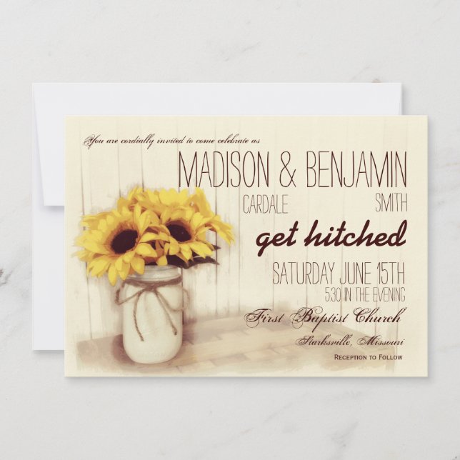 Invitaciones a la boda rustica Mason Jar Sunflower (Anverso)