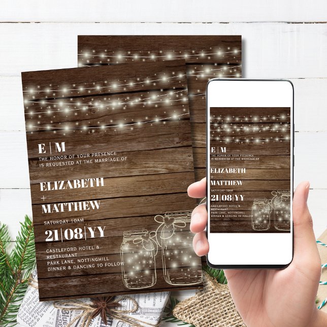 Invitaciones a la boda rústica Mason Jars Lights (Printed or Digital! Print at home and save on shipping and speed!)