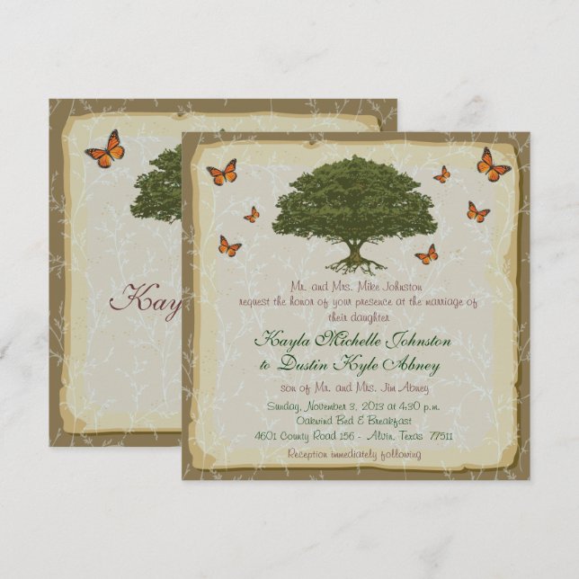 Invitaciones a la boda rústica monarca y roble (Anverso / Reverso)