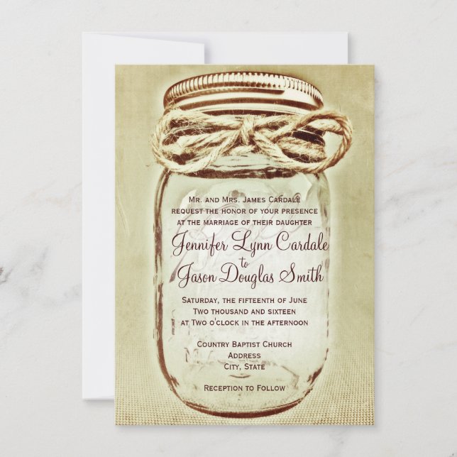Invitaciones a la boda rústica por campo de Mason  (Anverso)
