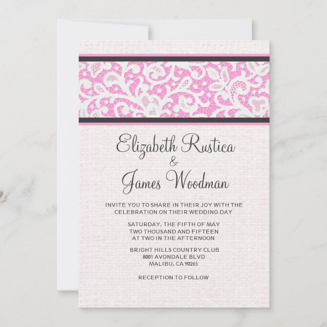 Invitaciones a la boda Rústica Rosa-Negro de lino  (Anverso)