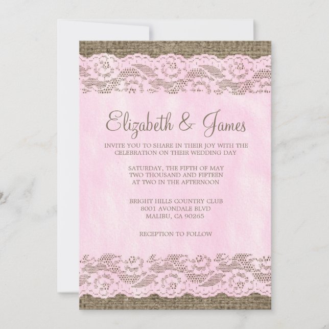 Invitaciones a la boda Rustica Rosa y Marrón (Anverso)