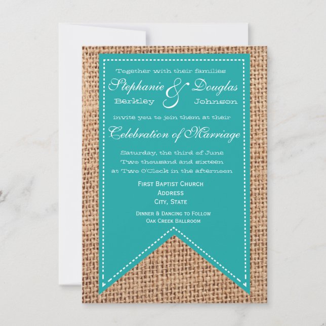 Invitaciones a la boda rústica turquesa (Anverso)