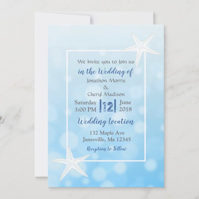 Invitaciones a la boda Starfish Beach con burbujas (Anverso)