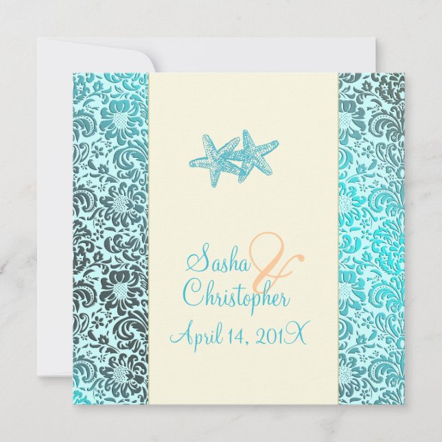 Invitaciones a la boda Starfish + damask (Anverso)