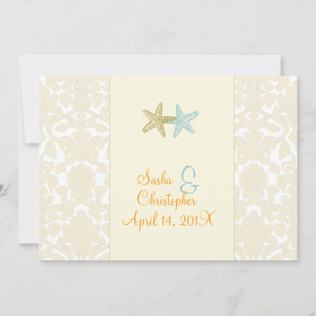 Invitaciones a la boda Starfish + damask (Anverso)