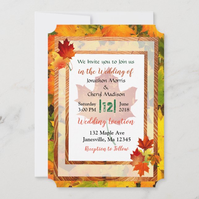 Invitaciones a la boda temática de otoño de bonito (Anverso)