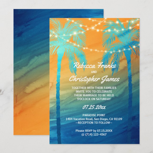 Invitaciones a la boda tropical azul naranja (Anverso / Reverso)