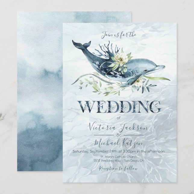 Invitaciones a la boda tropical de delfines oceáni (Anverso / Reverso)