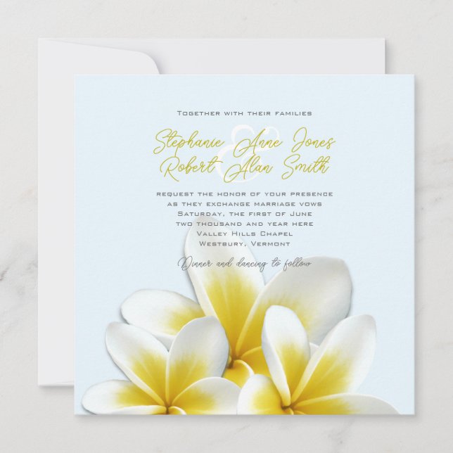 Invitaciones a la boda tropical de Plumeria Frangi (Anverso)