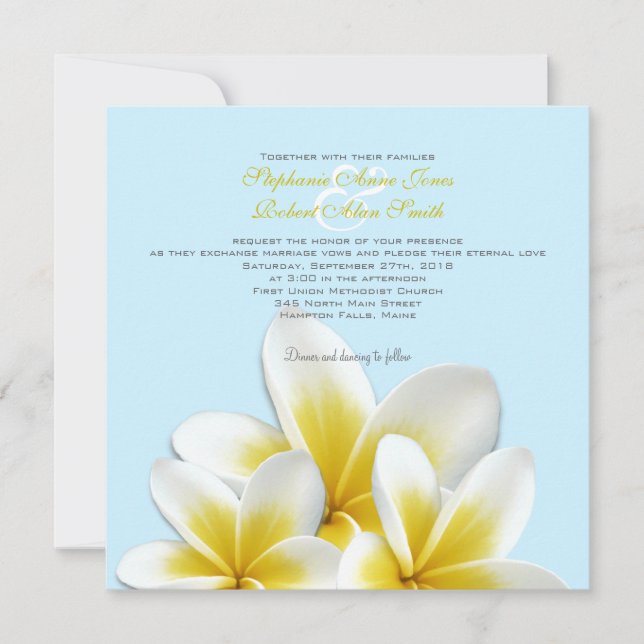 Invitaciones a la boda tropical de Plumeria Frangi (Anverso)