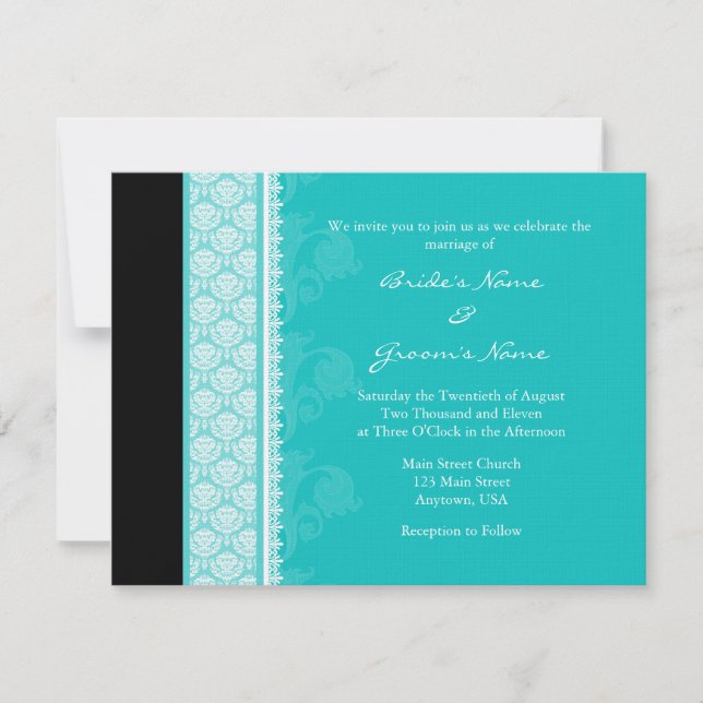 Invitaciones a la boda turquesa con Damasco en un  (Anverso)