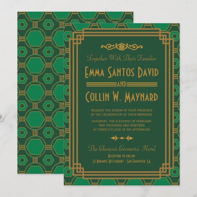 Invitaciones a la boda verde Art Deco (Anverso / Reverso)