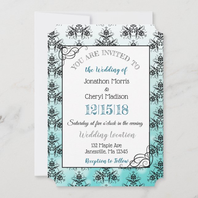 Invitaciones a la boda verde azulada de Black Dama (Anverso)