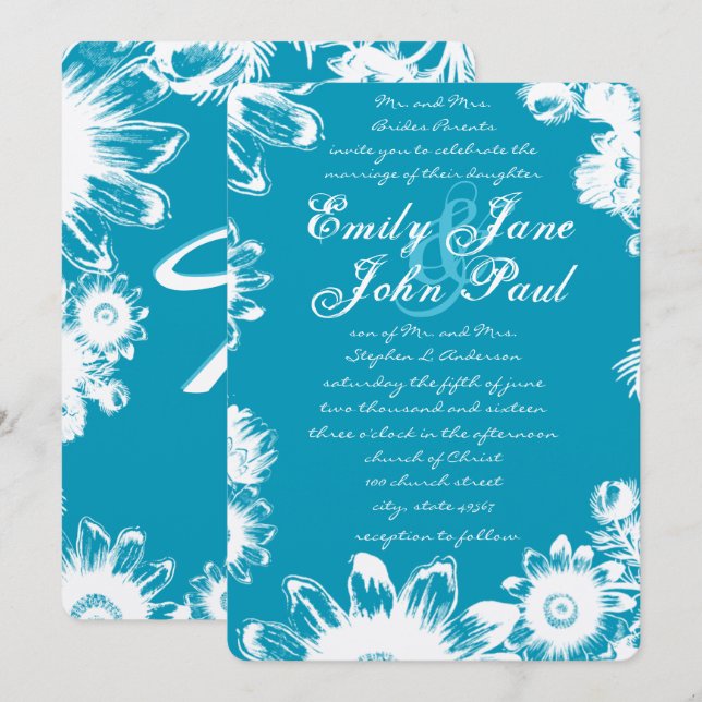 Invitaciones a la boda verde azulada de Flora Silv (Anverso / Reverso)