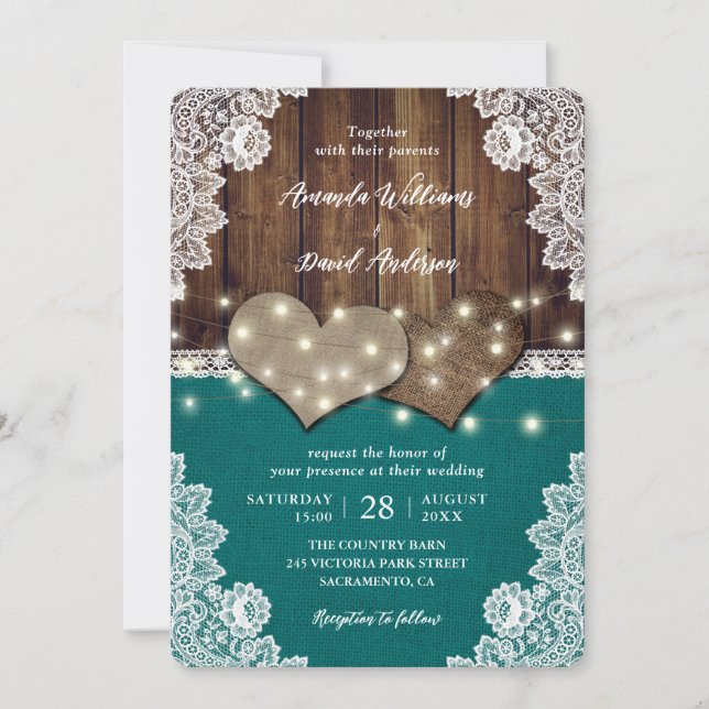 Invitaciones a la boda Verde azulada de la Rústica (Anverso)