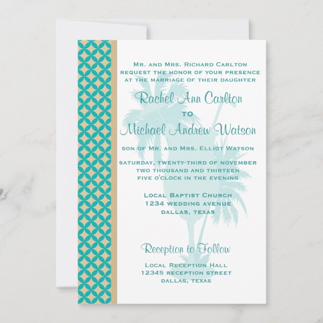 Invitaciones a la boda Verde azulada y de Tan Khak (Anverso)