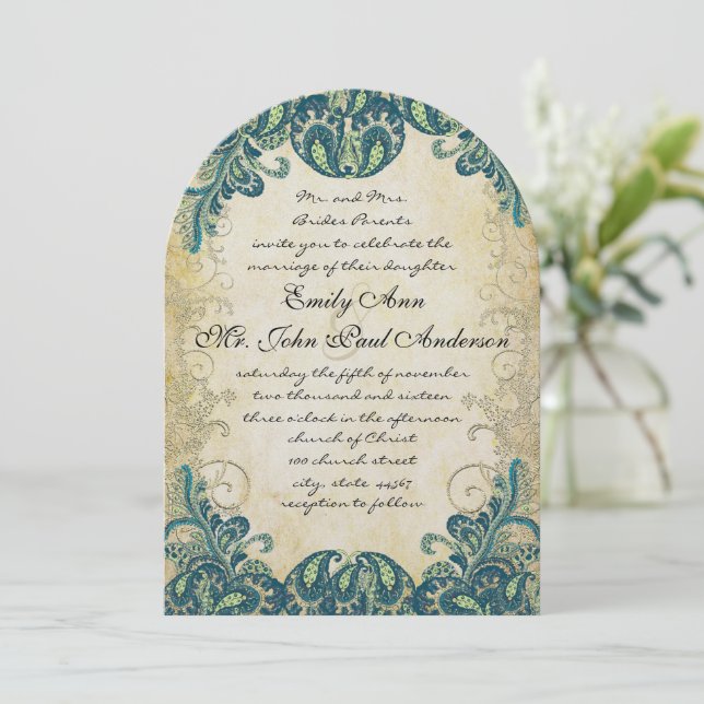 Invitaciones a la Boda Verde de Oro verde azulado  (Anverso de pie)