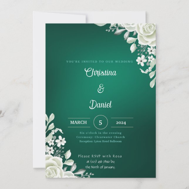 Invitaciones a la Boda Verde de Rosas Blancas (Anverso)