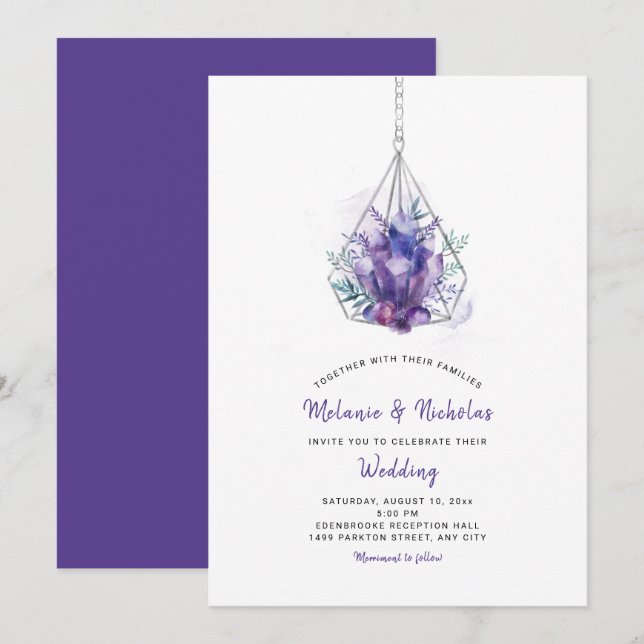 Invitaciones a la boda violeta de cristal, morado (Anverso / Reverso)