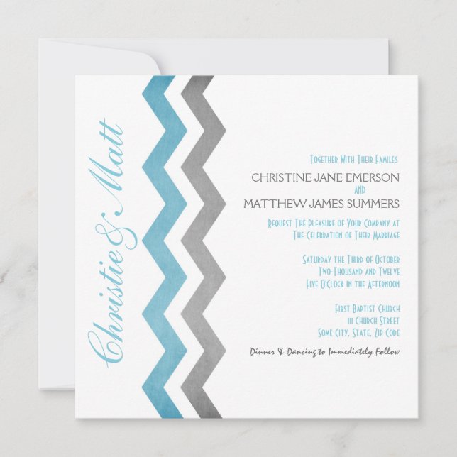 Invitaciones a la boda Zig Zag azul y gris (Anverso)