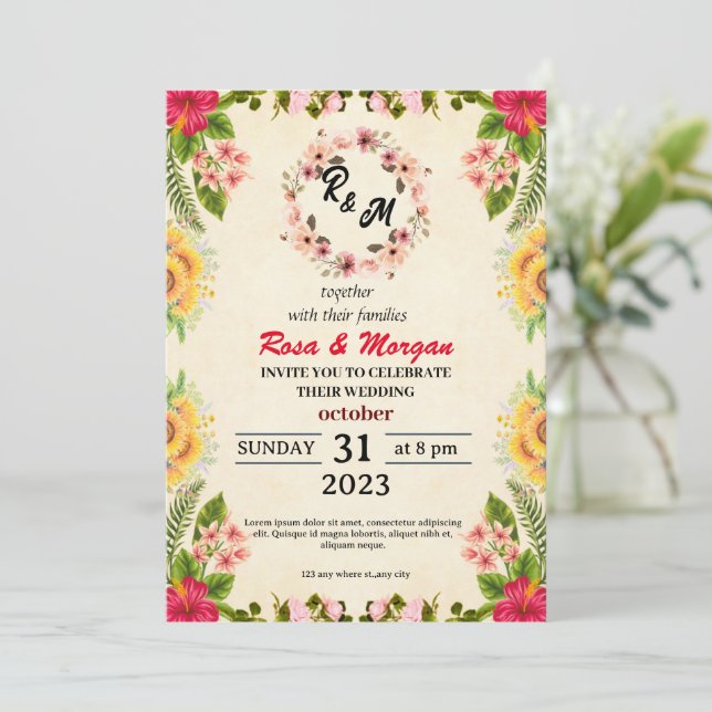 Invitaciones a la Boho de la Boda de Flores Silves (Anverso de pie)