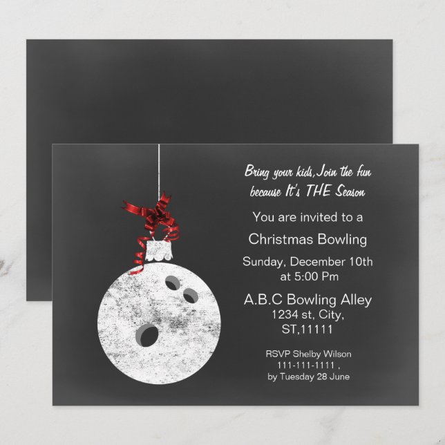 Invitaciones a la bolera de Navidades de Chalkboar (Anverso / Reverso)