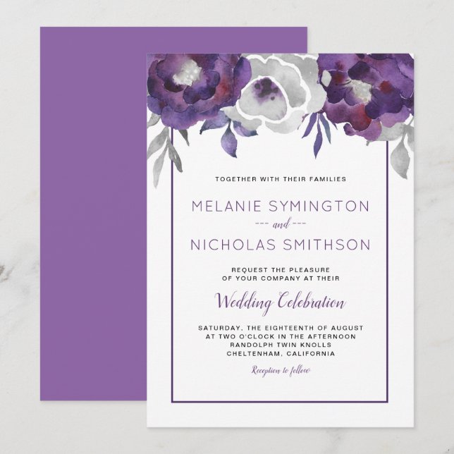Invitaciones a la celebración del boda Purple Gray (Anverso / Reverso)