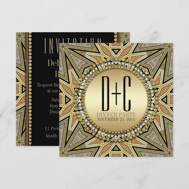Invitaciones a la cena con brillo Art Deco dorado (Anverso / Reverso)