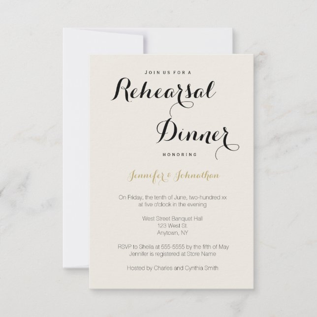 Invitaciones a la cena con letras modernas y dorad (Anverso)