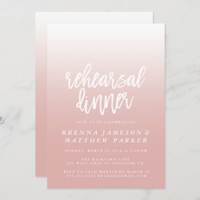 Invitaciones a la cena con un elegante ensayo rosa (Anverso / Reverso)