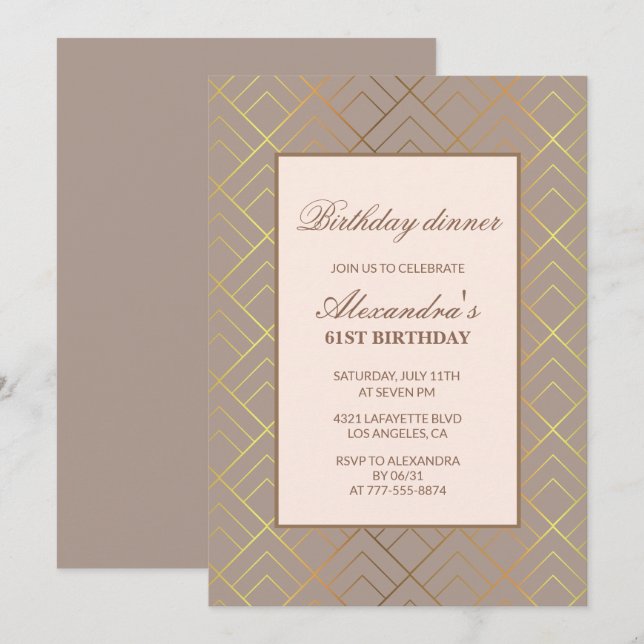 Invitaciones a la cena de cumpleaños 61 Elegante O (Anverso / Reverso)