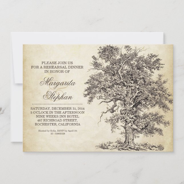 invitaciones a la cena de ensayo antiguo de árbol  (Anverso)